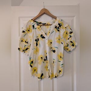 Ann Taylor Gorgeous Yellow and Black Floral Blouse Women's Size Large Petite